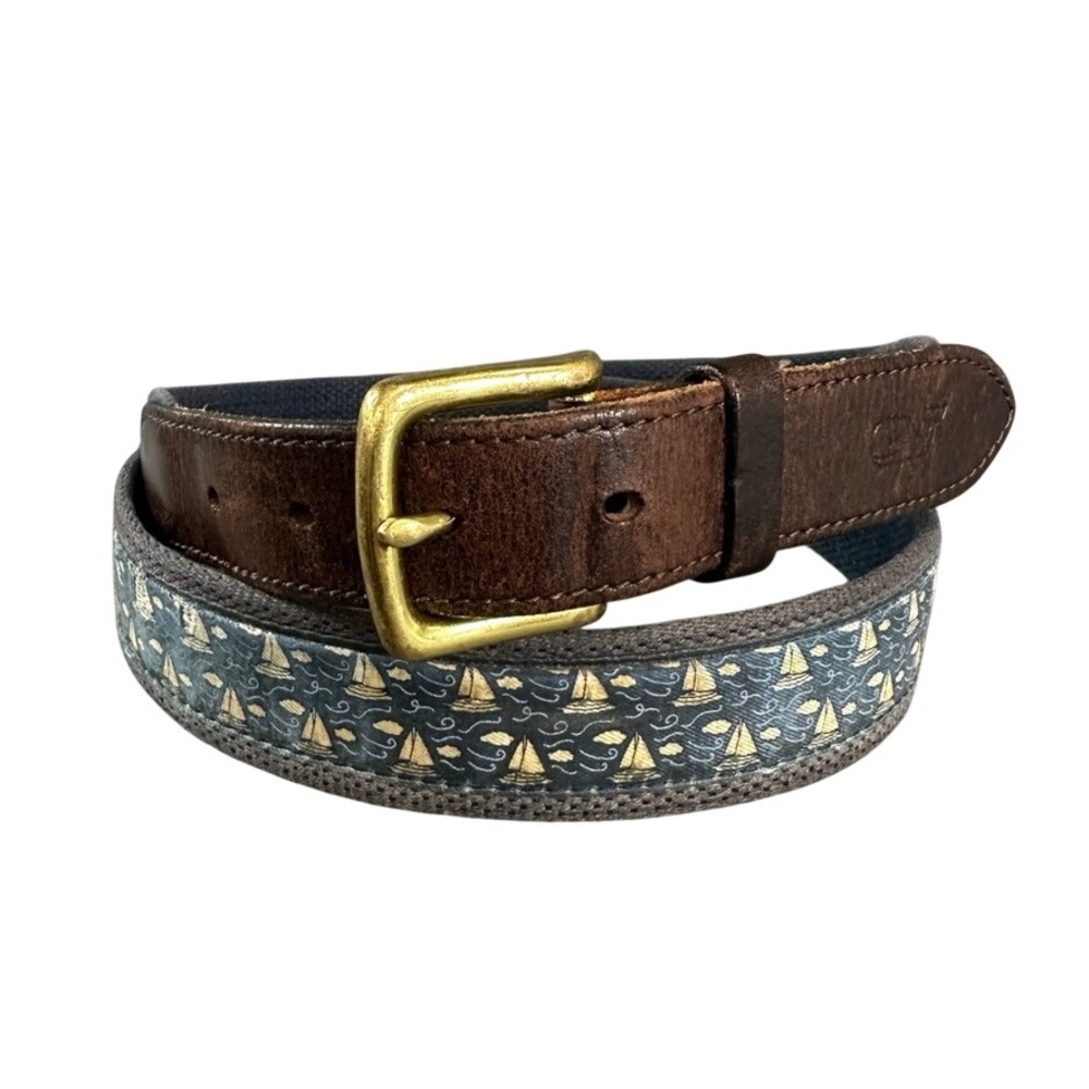 Vineyard Vines Mens Size 44 Sailboat Canvas Club Belt Leather Trim USA Made